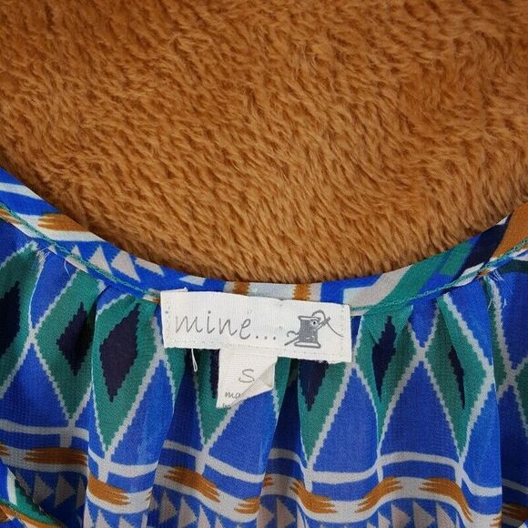 MINE Womens Top Small Blue Pullover Tie Bottom Lightweight Blouse Aztec - Picture 2 of 8